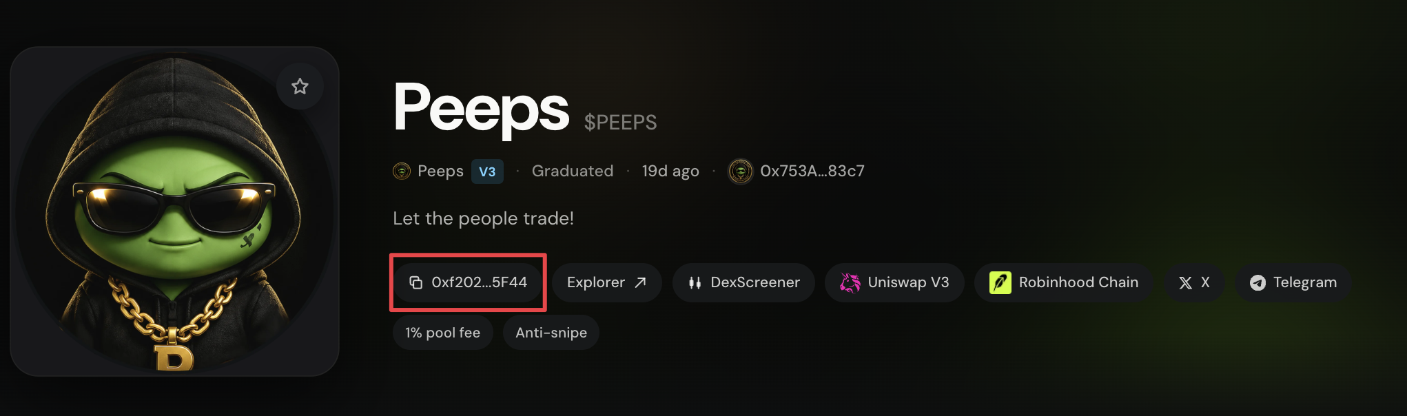 Contract address on token page